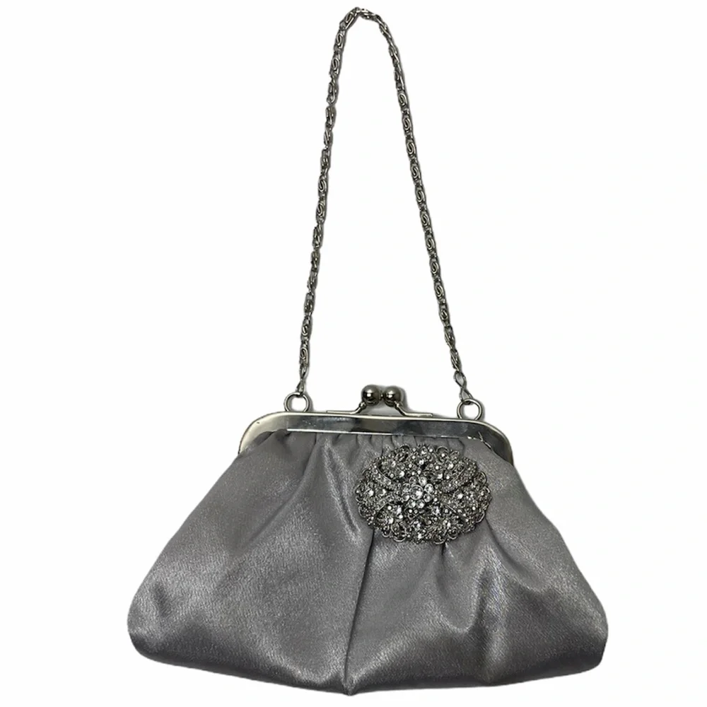 Vintage Purse Silver Rhinestone Jewel Embellished Button Silver Chain Handle Y2K